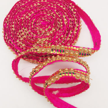 Fuchsia Pink Fabric Embroidered Trim with Gold Beads, Decorative Sari Trim, Trim By 3 Yards